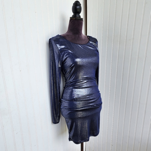 NWT Windsor Navy Blue Metallic Pencil Dress Long Sleeve Stretch Bodycon Bling S - Picture 2 of 16